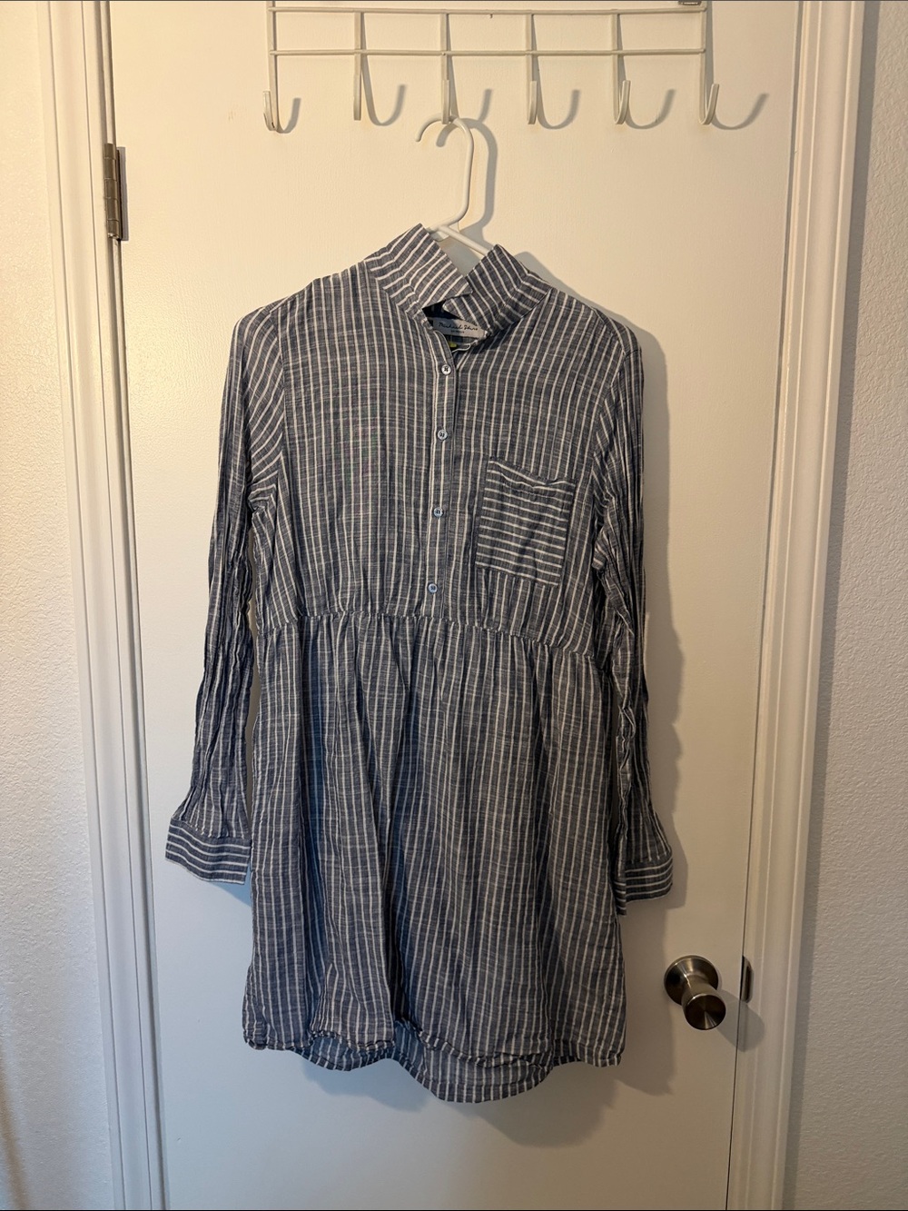 Women’s Blue Striped Casual Button-Front Tunic Dress